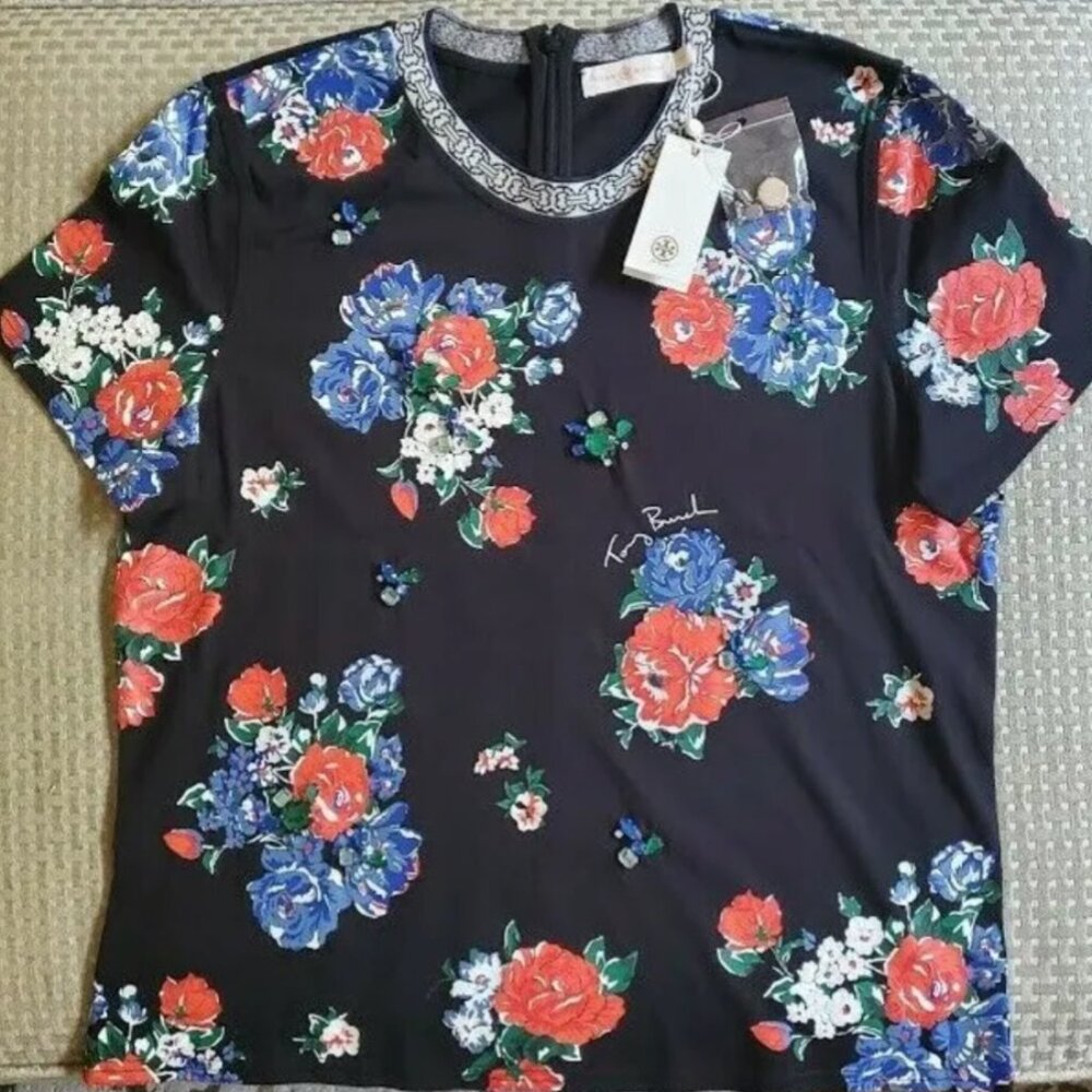 NWT Tory Burch EMBELLISHED T SHIRT Navy Tea Rose  Size Large